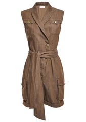 Brunello Cucinelli Woman Belted Wrap-effect Bead-embellished Cotton Playsuit Brown