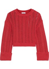 Brunello Cucinelli Woman Cropped Metallic Open-knit Cotton-blend Sweater Red