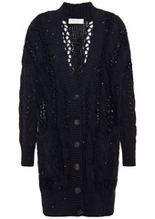 Brunello Cucinelli Woman Sequin-embellished Cable-knit Cotton Linen And Silk-blend Cardigan Black