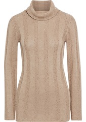 Brunello Cucinelli Woman Sequined Ribbed Cotton Linen And Silk-blend Turtleneck Sweater Sand