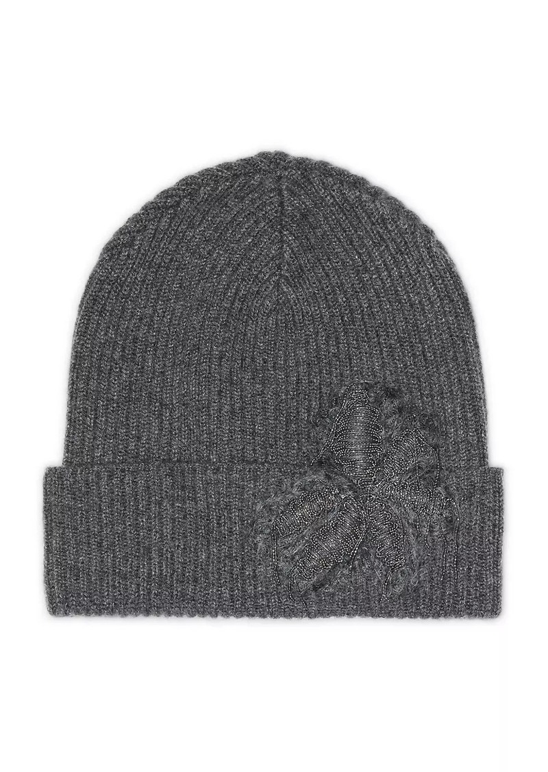 Brunello Cucinelli Cashmere Rib Knit Beanie with Precious Flower Crest