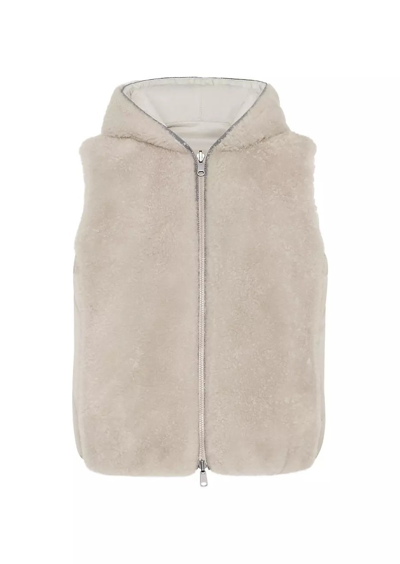 Brunello Cucinelli Cashmere Shearling Reversible Hooded Vest with Precious Trim