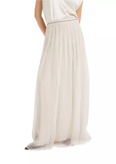 Brunello Cucinelli Crispy Silk Pleated Maxi Skirt with Monili