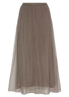 Brunello Cucinelli Crispy Silk Pleated Midi Skirt With Shiny Waistband