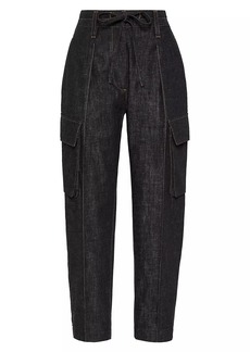 Brunello Cucinelli Dark Polished Denim Baggy Utility Jeans With Drawstring And Shiny Tab