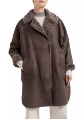 Brunello Cucinelli Fleecy Shearling Coat with Shiny Zipper Pull