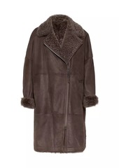 Brunello Cucinelli Fleecy Shearling Coat with Shiny Zipper Pull