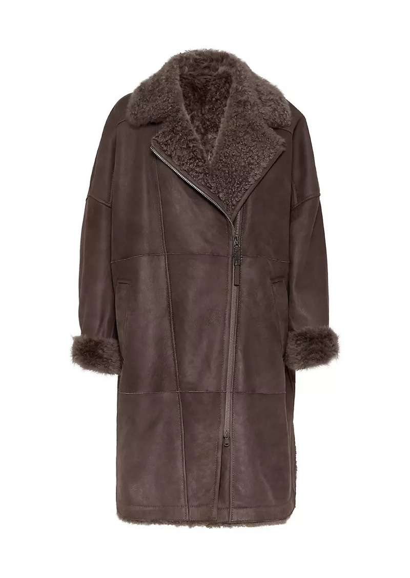 Brunello Cucinelli Fleecy Shearling Coat with Shiny Zipper Pull