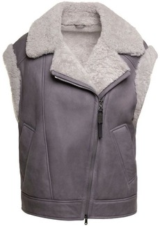 Brunello Cucinelli Grey Shearling Vest with Side Zip and Monili Detail Woman