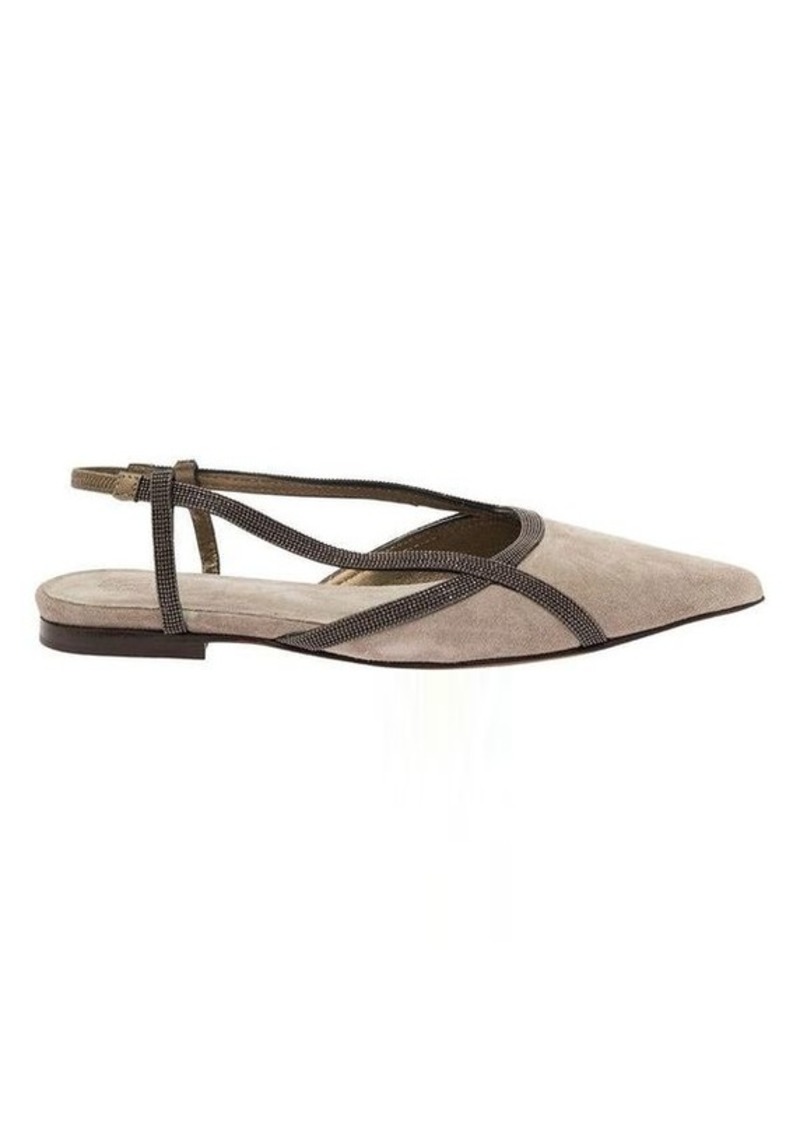 Brunello Cucinelli Grey Sling-Back Ballet Flats with Monile Detail in Suede Woman