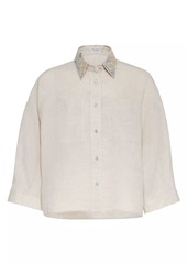 Brunello Cucinelli Lessivé Linen Shirt With Dazzling Magnolia Collar