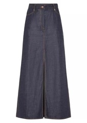 Brunello Cucinelli Lightweight Wet Effect Denim Long Five Pocket Skirt With Shiny Tab