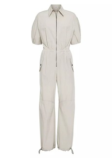 Brunello Cucinelli Lightweight Wrinkled Cotton Poplin Utility Jumpsuit with Monili