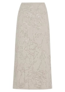 Brunello Cucinelli Linen Canvas Skirt With Dazzling Flower Embroidery