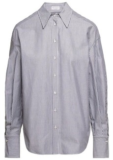 Brunello Cucinelli Oversized Grey and White Striped Shirt in Cotton Blend Woman