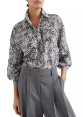 Brunello Cucinelli Silk Fern Print Pongee Shirt with Monili