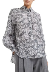 Brunello Cucinelli Silk Fern Print Pongee Shirt with Monili