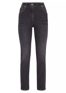 Brunello Cucinelli Stretch Denim Slim Jeans With Shiny Leather Tab