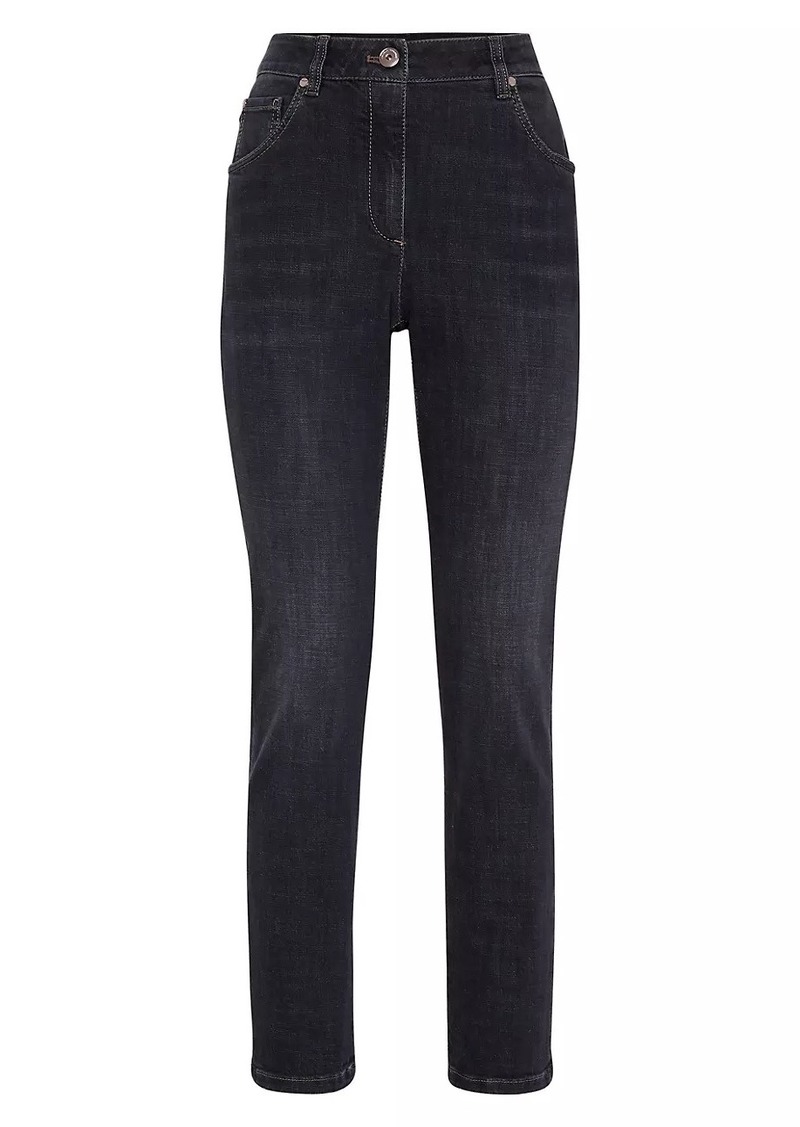 Brunello Cucinelli Stretch Denim Slim Jeans With Shiny Leather Tab
