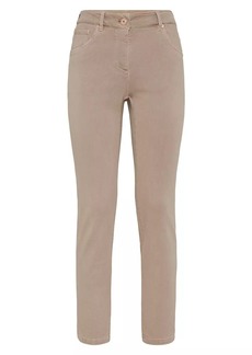 Brunello Cucinelli Stretch Dyed Denim Slim Trousers With Shiny Leather Tab