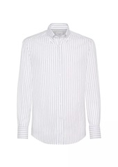 Brunello Cucinelli Textured Striped Cotton Slim Fit Shirt With Button-Down Collar