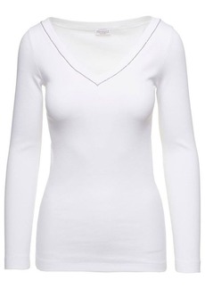 White V-Neck Pullover with Beads Detailing in Stretch Cotton Woman Brunello Cucinelli