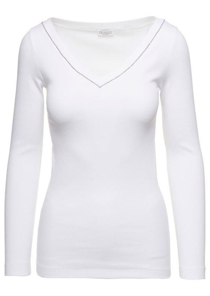 White V-Neck Pullover with Beads Detailing in Stretch Cotton Woman Brunello Cucinelli