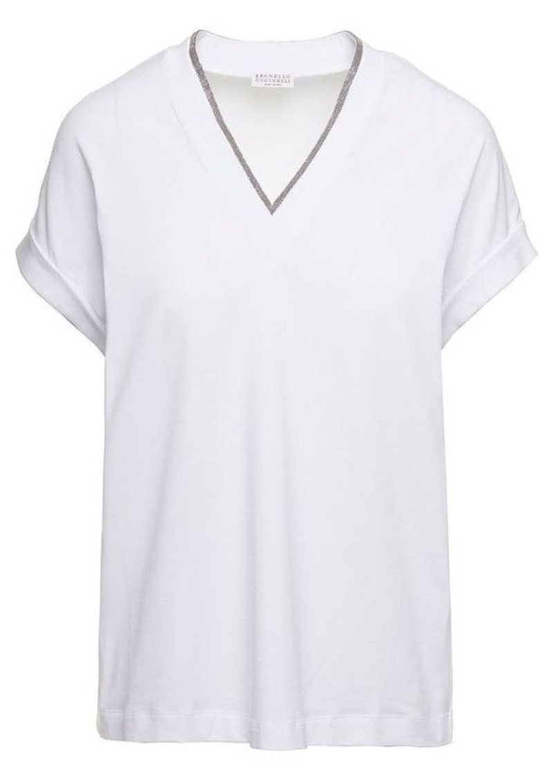White V-Neck T-Shirt with  Monile Detail in Stretch Cotton Woman Brunello Cucinelli