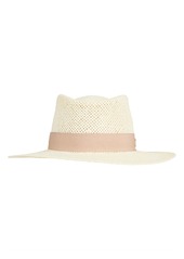 Bruno Magli Open Straw Weave Ribbon Band Fedora Sun Hat in Natural With Beige at Nordstrom Rack