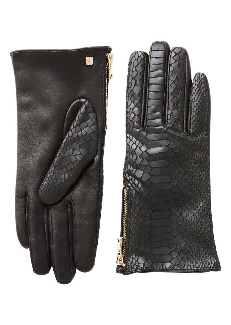 Bruno Magli Snakeskin Embossed Leather Cashmere Lined Gloves in Black at Nordstrom Rack