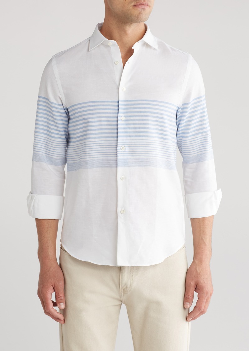 Bugatchi Axel Shaped Fit Stripe Linen Blend Button-Up Shirt in Sky at Nordstrom Rack