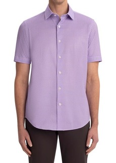 Bugatchi Dot Check Print Short Sleeve Stretch Cotton Button-Up Shirt in Lilac at Nordstrom