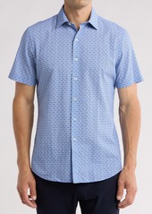 Bugatchi Fish Print Short Sleeve Cotton Button-Down Shirt in Classic Blue at Nordstrom Rack