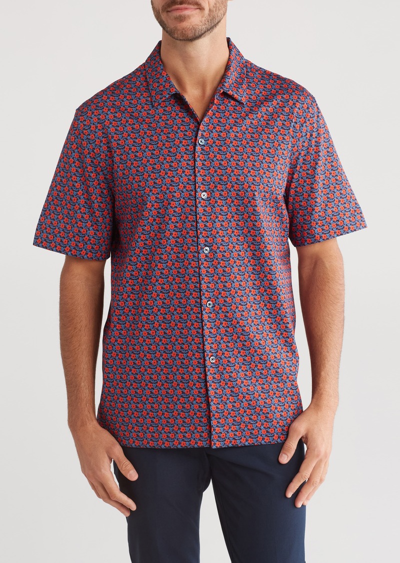 Bugatchi Floral Print Short Sleeve Stretch Cotton Button-Up Shirt in Ruby at Nordstrom Rack