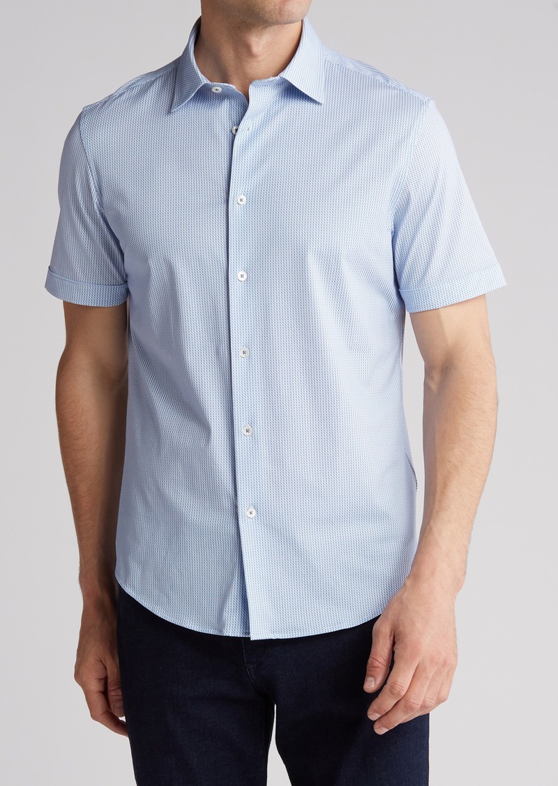 Bugatchi Geo Print Stretch Short Sleeve Button-Up Shirt in Sky at Nordstrom Rack