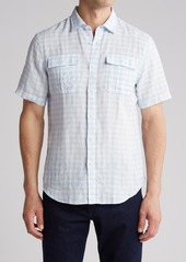 Bugatchi Gingham Shaped Fit Linen Short Sleeve Shirt in Air Blue at Nordstrom Rack