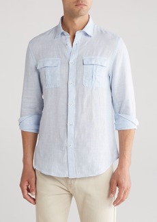 Bugatchi Julian Shaped Fit Pinstripe Linen Button-Up Shirt in Sky at Nordstrom Rack
