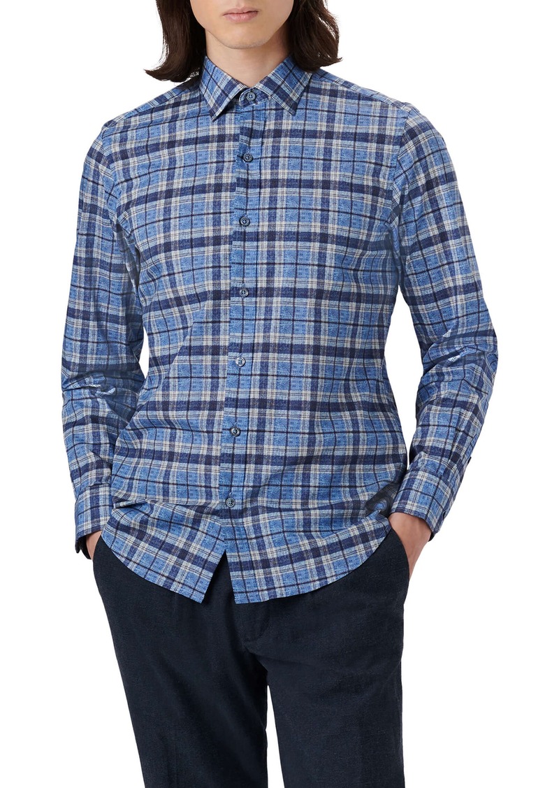 Bugatchi Julian Shaped Fit Plaid Stretch Button-Up Shirt in Classic Blue at Nordstrom Rack