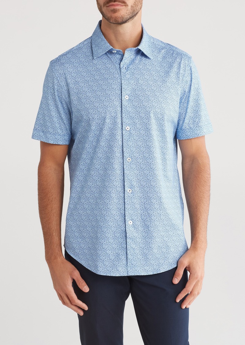 Bugatchi Miles Short Sleeve Stretch Button-Up Shirt in Classic Blue at Nordstrom Rack