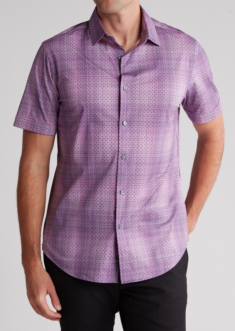Bugatchi OoohCotton® Geo Print Short Sleeve Button-Up Shirt in Orchid at Nordstrom Rack