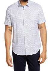 Bugatchi OoohCotton® Tech Geo Print Short Sleeve Knit Button-Up Shirt in Candy at Nordstrom