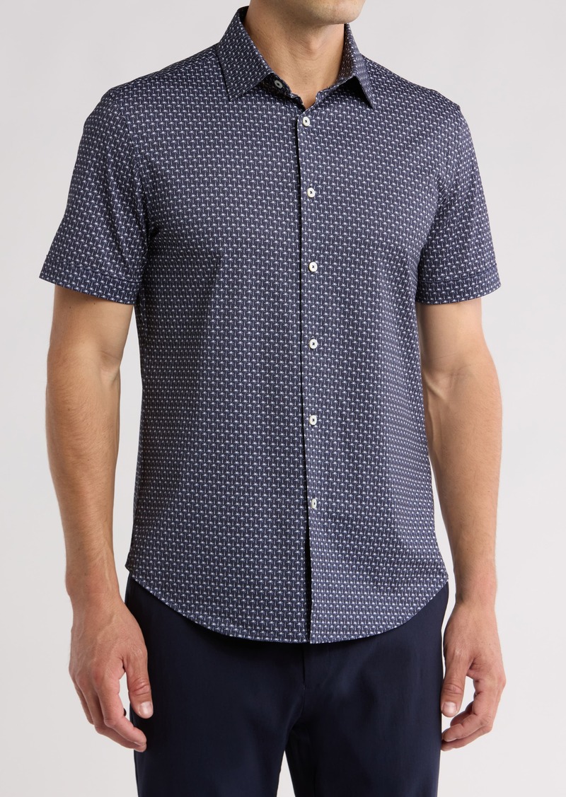 Bugatchi Palm Print Short Sleeve Stretch Cotton Button-Down Shirt in Navy at Nordstrom Rack