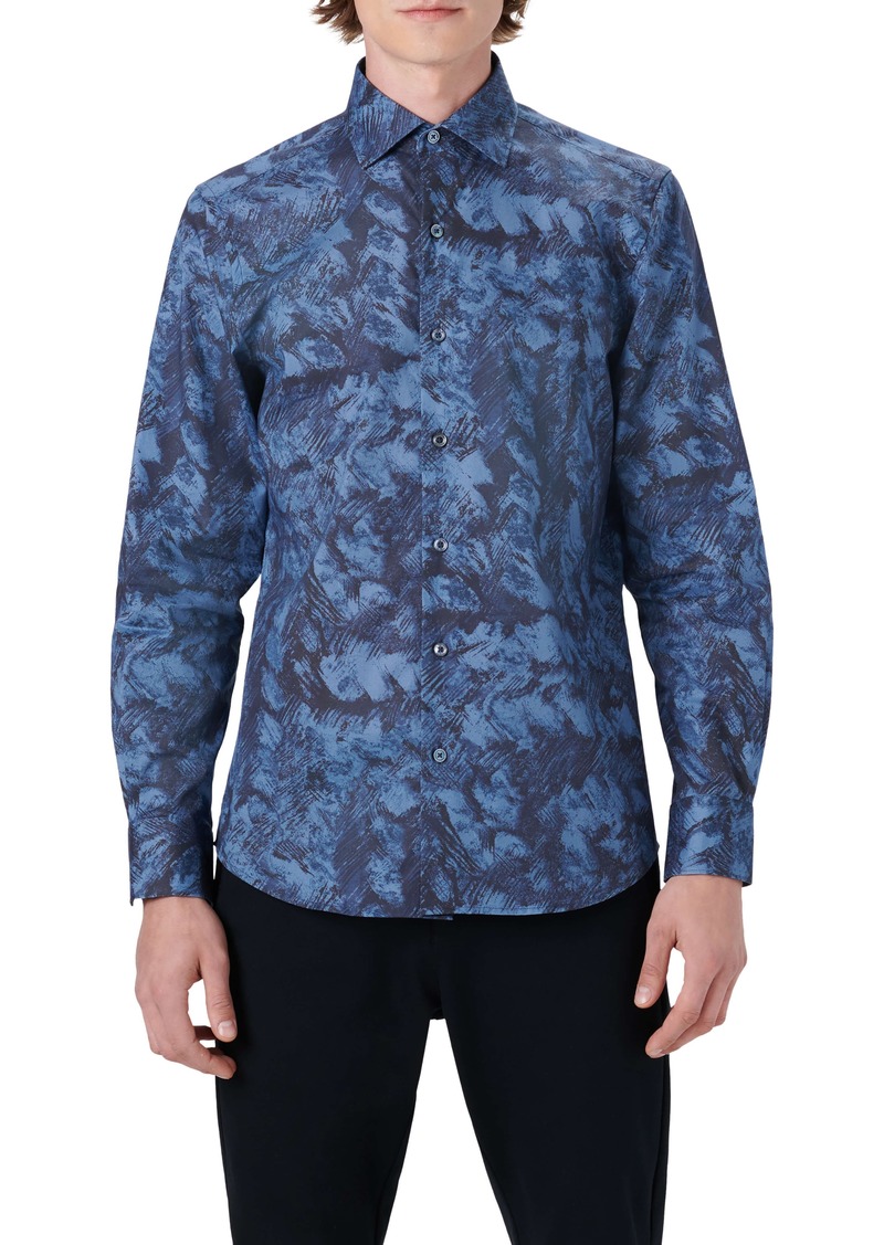 Bugatchi Shaped Fit Abstract Print Stretch Cotton Button-Up Shirt in Indigo at Nordstrom Rack