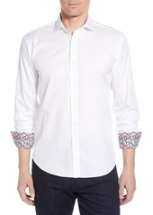 Bugatchi Shaped Fit Floral Cuff Cotton Shirt in White at Nordstrom