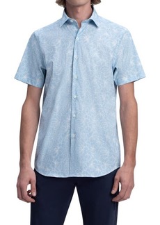 Bugatchi Shaped Fit Floral Short Sleeve Button-Up Shirt in Sky at Nordstrom