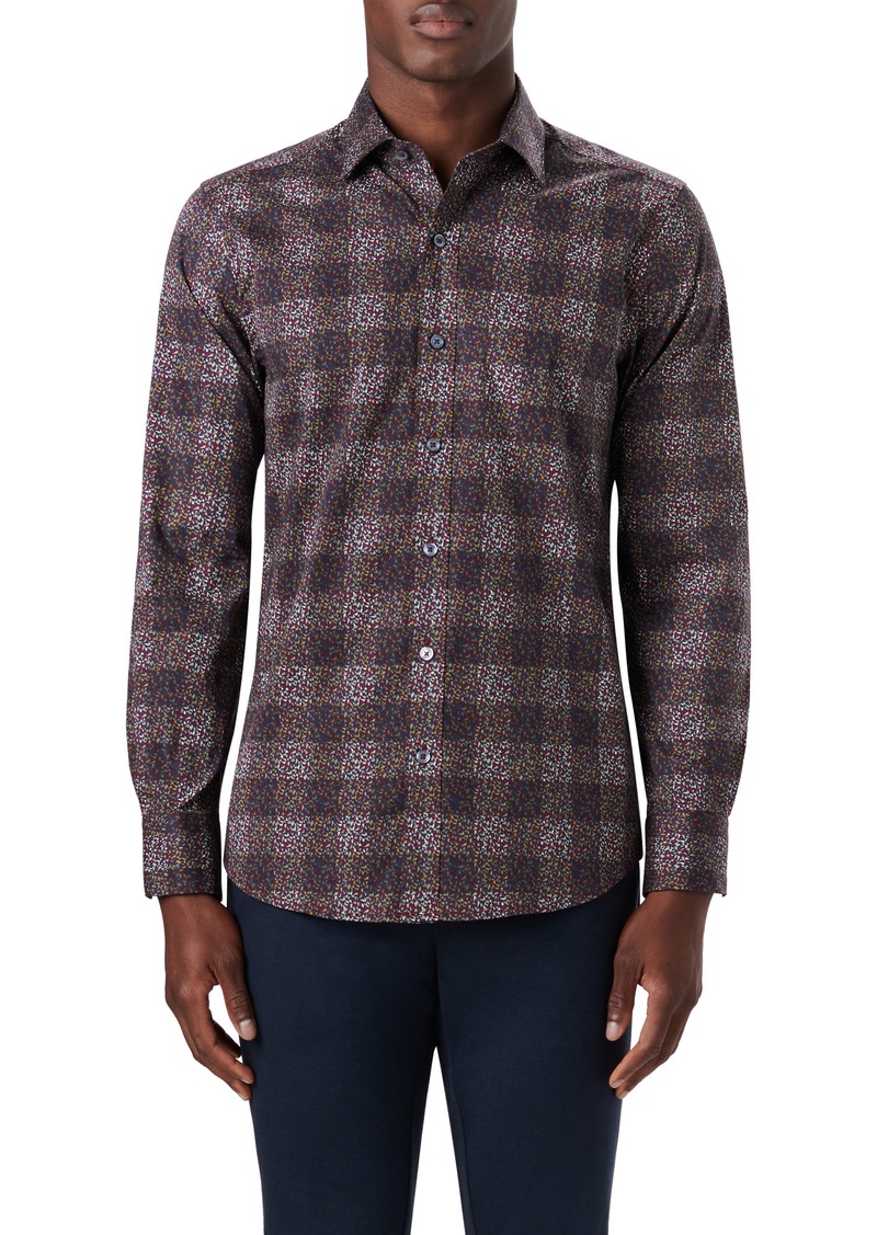 Bugatchi Shaped Fit Geometric Print Stretch Cotton Button-Up Shirt in Wine at Nordstrom Rack