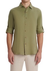Bugatchi Shaped Fit Print Linen Button-Up Shirt in Olive at Nordstrom