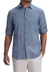Bugatchi Shaped Fit Print Linen Button-Up Shirt in Caramel at Nordstrom