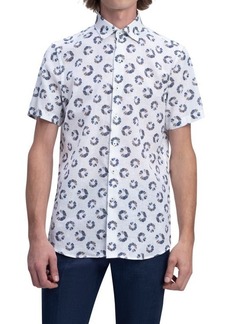 Bugatchi Shaped Fit Print Short Sleeve Button-Up Shirt in White at Nordstrom