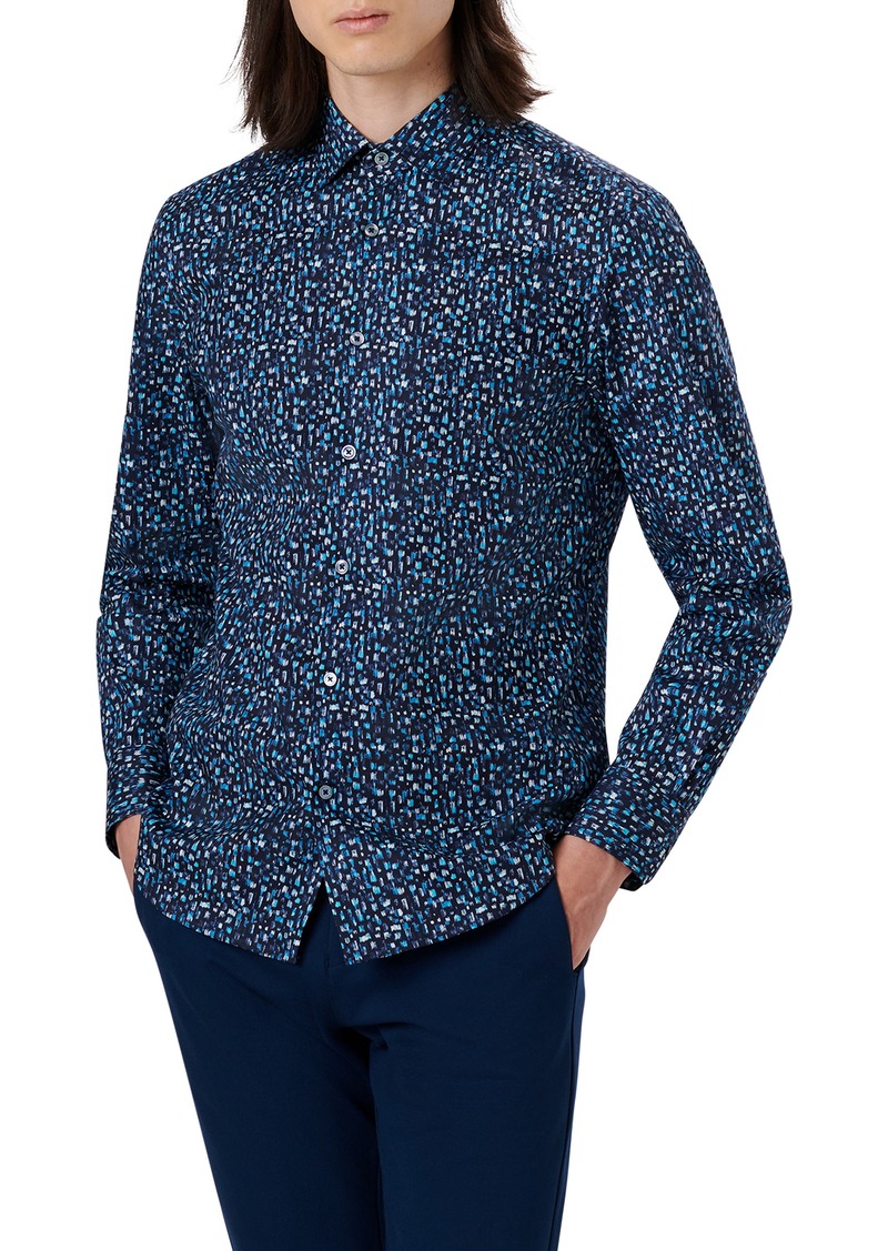 Bugatchi Shaped Fit Print Stretch Cotton Button-Up Shirt in Aqua at Nordstrom Rack